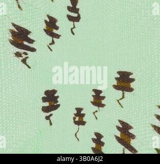 Motif ludique représentant des personnages fantaisistes ressemblant à des chapeaux superposés, sur un fond vert menthe doux, créant une ambiance joyeuse et légère. Motif fantaisiste représentant de petites figures stylisées ressemblant à des chapeaux superposés, dispersées sur un fond vert doux, agrémenté de notes de motifs feuillus. Art classique avec une touche moderne réinventé par Artotop, tissus français transformés, première moitié du XIXe siècle, art classique avec une touche moderne réinventé par Artotop Banque D'Images