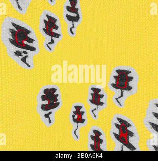 Un fond jaune vif présente des illustrations stylisées et dramatiques ressemblant à des formes abstraites, soulignées en noir, avec des accents rouges audacieux, créant un contraste attrayant et un mouvement dynamique., Un design circulaire vibrant avec de nombreuses petites figures dispersées sur un fond jaune ensoleillé, complétées par des éléments floraux délicats dans une palette de couleurs contrastées. Art classique avec une touche moderne réinventé par Artotop, tissus français transformés, première moitié du XIXe siècle, art classique avec une touche moderne réinventé par Artotop Banque D'Images