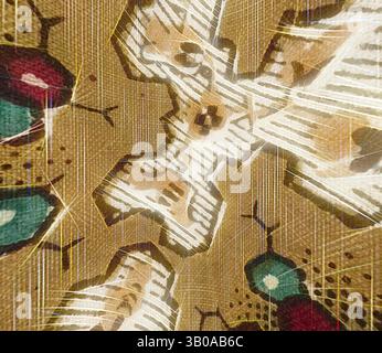 Un motif complexe avec des formes géométriques et des couleurs vives, mélangeant des éléments organiques et abstraits pour créer une composition visuellement frappante. Le design présente un mélange de textures, avec des notes de motifs floraux et naturels imbriqués sans couture dans le tissu., Une surface circulaire ornée de motifs géométriques complexes, avec un mélange de tons terreux et de formes variées. Des points vifs en vert et rouge contrastent avec un fond texturé, créant un design esthétiquement agréable qui évoque un sens artistique culturel. Art classique avec une touche moderne réinventé par Artotop Banque D'Images