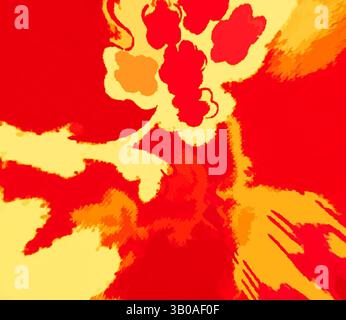 Des tourbillons vibrants de rouge et de jaune s'entrelacent, créant un motif floral dynamique et abstrait qui respire l'énergie et la chaleur., Un motif circulaire vibrant avec des rouges et jaunes audacieux, orné de formes florales qui s'entrelacent dans un design énergique, créant une sensation de chaleur et de vivacité. Art classique avec une touche moderne réinventé par Artotop, tissus français transformés, première moitié du XIXe siècle, art classique avec une touche moderne réinventé par Artotop Banque D'Images