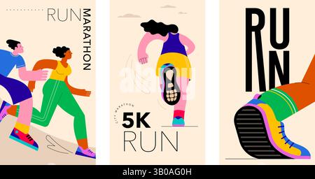 Figurines de coureurs abstraites. Illustration colorée d'un groupe de personnes, hommes et femmes, marathon en cours d'exécution ensemble Illustration de Vecteur