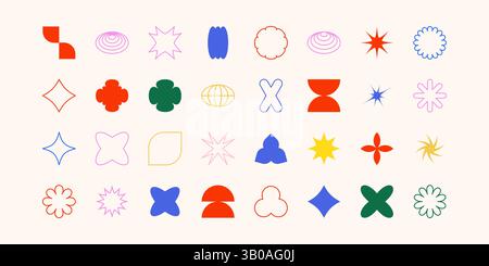 Formes abstraites géométriques postmodernes, symboles de design rétro en Y2K. Formes vectorielles, symboles de design rétro à la mode dans le style Y2K. Ensemble de formes géométriques. Illustration de Vecteur