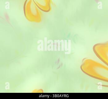 Un paysage abstrait de rêve avec des teintes pastel douces et tourbillonnantes avec des notes de jaune, évoquant un sentiment de tranquillité et de mouvement fluide., Un design circulaire présente un fond vert doux orné de délicates fleurs jaunes. Les fleurs, ressemblant à des pétales, sont espacées uniformément, créant un motif doux et apaisant. De subtiles notes de rose ajoutent une touche de douceur à la composition globale. Art classique avec une touche moderne réinventé par Artotop, tissus français transformés, première moitié du XIXe siècle, art classique avec une touche moderne réinventé par Artotop Banque D'Images