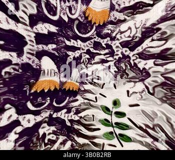 Un design abstrait et vibrant aux motifs floraux complexes et aux textures contrastées, mis en valeur par de délicates feuilles vertes entrelacées d'éléments stylisés audacieux. Un motif fantaisiste représentant des arbres stylisés et des figures effrayantes en forme de cône qui ressemblent à des cônes de crème glacée, entourées de motifs de feuilles complexes. Art classique avec une touche moderne réinventé par Artotop, tissus français transformés, première moitié du XIXe siècle, art classique avec une touche moderne réinventé par Artotop Banque D'Images