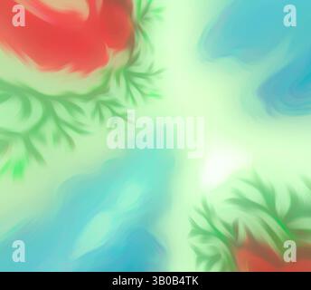 Des teintes tourbillonnantes de rouge doux et de vert vif s'entrelacent avec des bleus apaisants, créant une composition abstraite qui évoque un sentiment de tranquillité et de mouvement organique. Des formes délicates ressemblant à des feuilles émergent, ajoutant texture et profondeur à la scène., Un design circulaire avec des motifs floraux avec des roses rouges éclatantes et des feuilles bleues délicates sur un fond doux et éthéré. Art classique avec une touche moderne réinventé par Artotop, tissus français transformés, première moitié du XIXe siècle, art classique avec une touche moderne réinventé par Artotop Banque D'Images