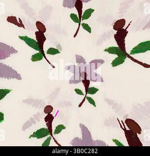Un motif fantaisiste avec des figures stylisées entrelacées de fleurs et de feuilles, créant un design ludique et vibrant., un motif circulaire avec de délicates fleurs violettes avec des feuilles vertes et des tiges marron foncé, créant un charmant motif floral. Art classique avec une touche moderne réinventé par Artotop, tissus français transformés, première moitié du XIXe siècle, art classique avec une touche moderne réinventé par Artotop Banque D'Images