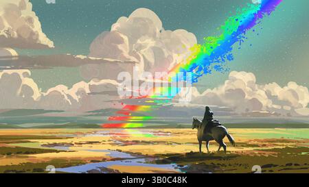 Un cavalier à cheval observe un ciel surréaliste où un arc-en-ciel fragmenté éclate à travers des nuages spectaculaires au-dessus d'une plaine dorée éclatante, style artistique numérique, Banque D'Images