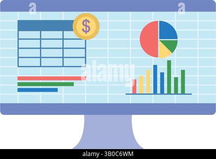 Logiciel de comptabilité moniteur graphiques Tableau de bord financier feuille de calcul analyse du budget numérique Illustration de Vecteur