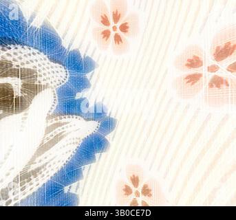 Une représentation abstraite de fleurs délicates aux teintes douces, mélangeant des détails complexes avec un fond doux et fluide qui suggère le mouvement et l'harmonie., Une plaque décorative avec des motifs floraux délicats dans les tons de bleu et pêche, complétée par des détails à rayures subtiles. Le design met en valeur des fleurs élégantes et une esthétique fantaisiste. Art classique avec une touche moderne réinventé par Artotop, tissus français transformés, première moitié du XIXe siècle, art classique avec une touche moderne réinventé par Artotop Banque D'Images