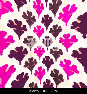 Un motif vibrant et complexe avec des formes de feuilles stylisées dans des tons audacieux de rose et Bordeaux profond, disposés symétriquement sur un fond clair., Un motif circulaire vibrant avec un motif répété de feuilles stylisées dans des tons de rose, violet, et des notes de tons terreux, créant une texture visuelle vive et complexe. Art classique avec une touche moderne réinventé par Artotop, tissus français transformés, première moitié du XIXe siècle, art classique avec une touche moderne réinventé par Artotop Banque D'Images