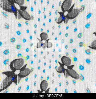 Un motif ludique avec des fleurs délicates et des gouttelettes bleues dispersées, créant un fond fantaisiste et vibrant., un motif circulaire avec des personnages ludiques dans différentes poses, entourés de petites formes de gouttes de pluie colorées, créant un design fantaisiste et joyeux. Art classique avec une touche moderne réinventé par Artotop, tissus français transformés, première moitié du XIXe siècle, art classique avec une touche moderne réinventé par Artotop Banque D'Images