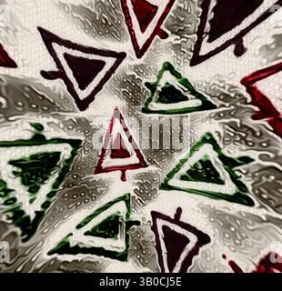 Un design vibrant avec un éventail de formes triangulaires dans des tons verts, rouges et sombres, rayonnant du centre avec un fond dynamique et texturé., Un motif dynamique avec un éventail de triangles colorés dans les tons de vert, rouge, noir et blanc, disposés dans un design ludique et répétitif. Art classique avec une touche moderne réinventé par Artotop, tissus français transformés, première moitié du XIXe siècle, art classique avec une touche moderne réinventé par Artotop Banque D'Images