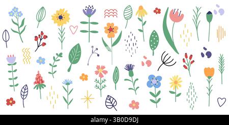 Grand ensemble avec des fleurs et des feuilles simples. Éléments floraux dessinés à la main. Fleurs minimalistes. Illustration de Vecteur