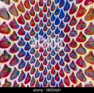 Un motif vibrant et texturé avec des formes de larmes qui se chevauchent dans un spectre de couleurs, créant un effet visuel fascinant qui attire l'œil vers l'intérieur. Un motif circulaire présente des formes de larmes vibrantes dans différentes couleurs, créant un design dynamique et visuellement attrayant. L'arrangement est répétitif, améliorant le sens du rythme et de la texture. Art classique avec une touche moderne réinventé par Artotop, tissus français transformés, première moitié du XIXe siècle, art classique avec une touche moderne réinventé par Artotop Banque D'Images