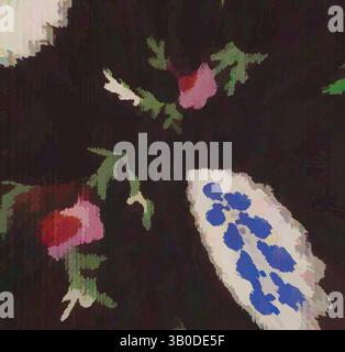 Un arrangement vibrant de fleurs dans différentes nuances, avec des rouges audacieux, des roses doux et des bleus délicats, sur un fond sombre qui améliore leurs couleurs et détails complexes., Un design circulaire avec des motifs floraux délicats, avec des grappes de fleurs rouges, bleues et crème sur un fond sombre, créant un look élégant et complexe. Art classique avec une touche moderne réinventé par Artotop, tissus français transformés, première moitié du XIXe siècle, art classique avec une touche moderne réinventé par Artotop Banque D'Images