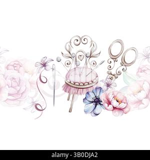 Aquarelle modèle sans couture, bordure - outil de couture, coussin rétro. Décoration de passe-temps artisanal pour vêtements, aiguille, outil de couture avec fleur, rose Banque D'Images
