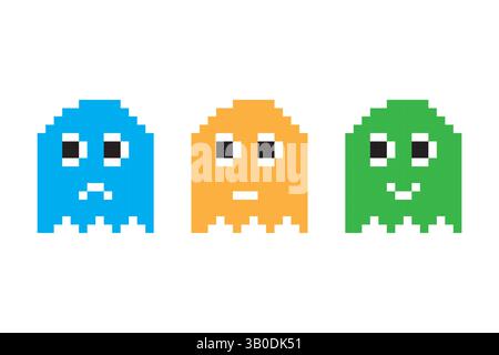 Pixels fantômes de couleur. Caractères vectoriels 8 bits. Les sprites d'émotion de jeu. Bleu orange vert. Illustration de Vecteur
