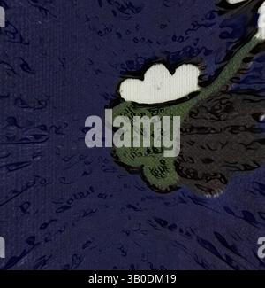 Une représentation abstraite vibrante avec des nuances tourbillonnantes de bleu avec des éléments verts et blancs, suggérant une interaction dynamique de couleurs et de formes., Un tissu circulaire avec un fond bleu marine orné de délicats motifs floraux verts et blancs. Le design présente des formes douces et fluides qui créent un sentiment d'élégance et de tranquillité. Art classique avec une touche moderne réinventé par Artotop, tissus français transformés, première moitié du XIXe siècle, art classique avec une touche moderne réinventé par Artotop Banque D'Images