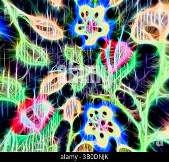 Un éventail vibrant de fleurs et de feuilles stylisées, illuminées de couleurs électriques, créant un motif floral vivant et abstrait qui éclate d'énergie et d'imagination., Un design circulaire vibrant avec un motif floral complexe composé de fleurs et de feuilles colorées, sur un fond sombre. Les couleurs apparaissent vives et lumineuses, créant un contraste saisissant avec les éléments environnants. Art classique avec une touche moderne réinventé par Artotop, tissus français transformés, première moitié du XIXe siècle, art classique avec une touche moderne réinventé par Artotop Banque D'Images