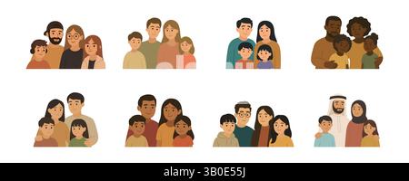 Vector Happy Family avec Kids Set. Parents et enfants multiculturels. Clipart de familles diverses pour l'éducation, la parentalité, le matériel scolaire. Social Illustration de Vecteur