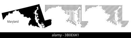 Carte silhouette détaillée du Maryland, motif en pointillés et motif de lignes parallèles inclinées, carte stylisée texturée. illustration isolée sur blanc. Banque D'Images