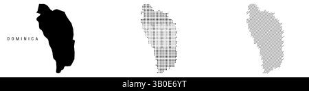 Carte détaillée de la silhouette de la Dominique, motif en pointillés et motif de lignes parallèles inclinées. Carte stylisée texturée dominicaine. illustration isolée sur blanc. Banque D'Images
