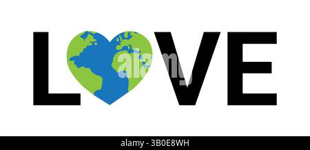 création de typographie d'amour où la lettre o est remplacée par une carte de la terre en forme de cœur, symbolisant l'amour pour la planète, l'environnement, la nature Illustration de Vecteur