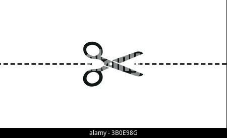 icône de ciseaux noir coupant à travers une ligne horizontale pointillée sur fond blanc, style vectoriel simple utile pour les concepts de coupon, de coupe ou de découpe Illustration de Vecteur