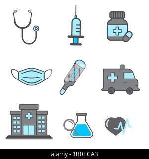 Jeu d'icônes médicales Hôpital de soins de santé et fournitures médicales illustration vectorielle conception plate Illustration de Vecteur