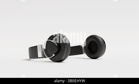 Casque sans fil modèle 3D sur un fond blanc, casque moderne noir élégant Banque D'Images