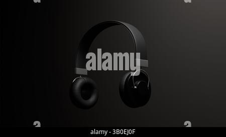 Casque sans fil modèle 3D sur un fond noir, casque moderne noir élégant Banque D'Images