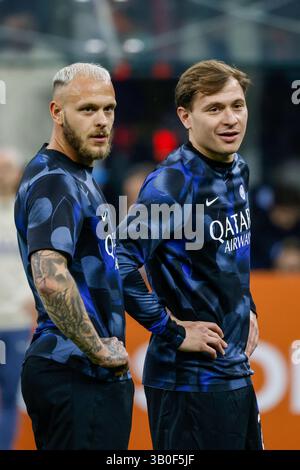 Dimarco Federico et Barella Nicolò FC Internazionale pendant le match de demi-finale FC Internazionale vs AC Milan Coppa Italia - Milan, Italie - 23 avril 2025 crédit : Kines Milano/Alamy Live News Banque D'Images