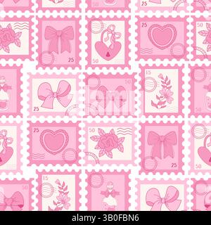 Motif sans couture Coquette rose. Timbre postal romantique avec arc en ruban, Rose et coeur vintage, cadenas, parfum bouteille magique. Girly Vibe. Vecteur aest Illustration de Vecteur