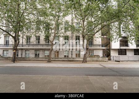 Bâtiment avec de grandes fenêtres et un design propre et moderne, flanqué d'arbres le long du trottoir. La scène urbaine présente une rue calme avec un acte minimal Banque D'Images