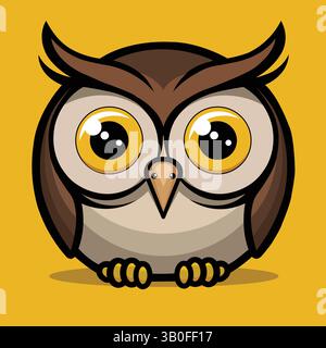 Cute Cartoon Owl illustration vectorielle avec de grands yeux sur fond jaune Illustration de Vecteur