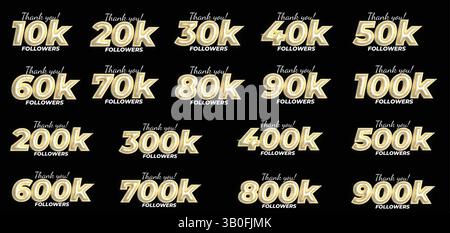 Gold Thank You followers Milestone Vector Set pour la célébration de la croissance des médias sociaux Illustration de Vecteur