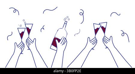 Simple style linéaire minimal dessin animé mains toast avec des verres à vin et à champagne illustration vectorielle - encouragements à la célébration et à la conception de fête Illustration de Vecteur