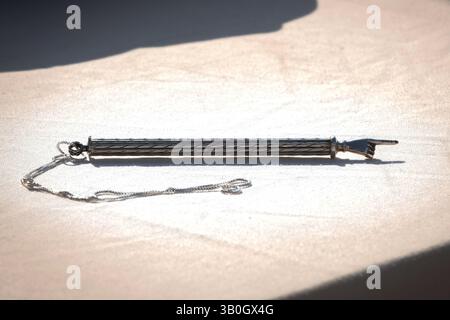 Un pointeur Torah argenté, également connu sous le nom de main ou de doigt ou un 'yad' en hébreu, utilisé pour guider le lecteur à travers le texte du rouleau Torah. Banque D'Images