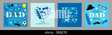 Ensemble de cartes de voeux Happy Pathers Day avec accessoires pour hommes. Je t'aime papa bannières avec cravate, moustache, chapeau, cravate, lunettes et balle. Fête des pères Illustration de Vecteur