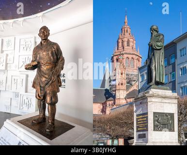 Yingshan. 24 avril 2025. A GAUCHE : cette photo prise par le photographe Xinhua Xiao Yijiu le 2 avril 2025 montre une statue de Bi Sheng au Mémorial Bi Sheng dans le comté de Yingshan, province du Hubei en Chine centrale ; À DROITE : cette photo prise par le photographe Xinhua Zhang Fan le 7 avril 2025 montre une statue de Johannes Gutenberg à Mayence, en Allemagne. POUR ALLER AVEC 'Feature : un dialogue dans l'impression ponts passé, futur entre la Chine, l'Allemagne' crédit : Xinhua/Alamy Live News Banque D'Images