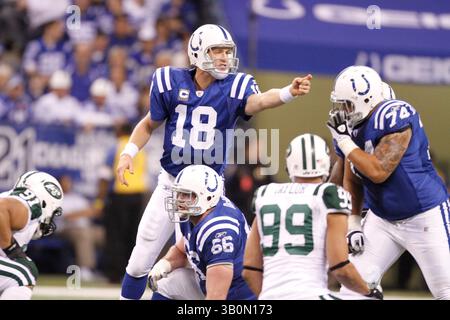 8 janvier 2011 - Indianapolis, Ind - le quarterback des Colts d'Indianapolis, Peyton Manning, #18, souligne le match lors du premier quart-temps du match des séries éliminatoires de l'AFC au Lucas Oil Stadium à Indianapolis. ..photo de Chad Ryan. (Crédit image : © Chad Ryan/Cal Sport Media/ZUMAPRESS.com) Banque D'Images