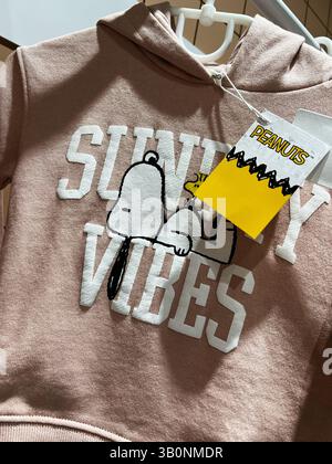 Kiev, Ukraine - 23 avril 2025 : pull à capuche avec le personnage de Peanuts Snoopy et graphique de typographie 'Sunday Vibes' Banque D'Images