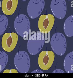 Motif sans couture de prunes et de fruits coupés en deux avec un fond sombre Illustration de Vecteur