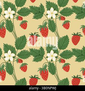 Motif sans couture de plantes de fraise avec des fruits et des fleurs sur fond jaune Illustration de Vecteur