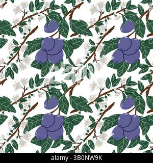 Illustration présentant un motif répétitif de fruits violets avec des feuilles vertes et des fleurs blanches. Le motif sans couture est parfait pour les textiles, wallpa Illustration de Vecteur