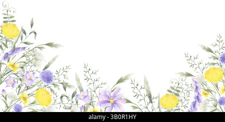 Fleurs sauvages pissenlit, chellfleur, papillon, pois de souris et herbes de prairie. Illustration de cadre horizontal rectangulaire isolé d'aquarelle dessinée à la main Banque D'Images