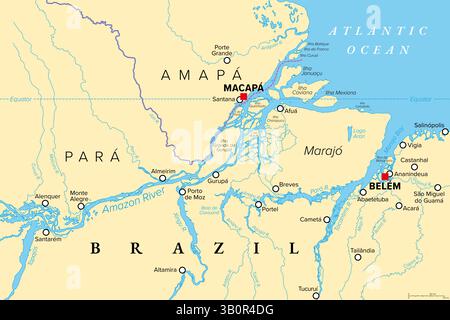 Amazone Delta, carte politique. Delta du fleuve formé par l'Amazone et le fleuve Tocantins dans le nord de l'Amérique du Sud, situé dans les états brésiliens de Amapá et Pará. Banque D'Images
