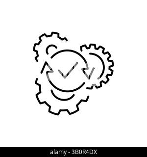 Icône de solution efficace définie dans le plat. Symboles d'idée réussie sur blanc. Icônes de lignes fines de processus ou d'opérations en noir. COGS ou engrenages avec vérification. Illustration de Vecteur