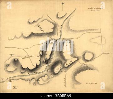 2 octobre 1776 - États-Unis - en septembre et octobre 1776, les troupes dirigées par George Washington prennent position dans les collines du village, vivement poursuivies par les Britanniques sous les ordres du général Sir William Howe, qui attaquent le 28 octobre.[6] la bataille de White Plains a eu lieu principalement sur Chatterton Hill, (plus tard connue sous le nom de Battle Hill, et située juste à l'ouest de ce qui était alors un marais mais est maintenant le centre-ville) et la rivière Bronx. La force de Howe, composée de 4 000 à 6 000 soldats britanniques et de Hesse, nécessite trois attaques avant les continentaux, dont environ 1 600 sous le commandement des généraux Alexander McDougall Banque D'Images