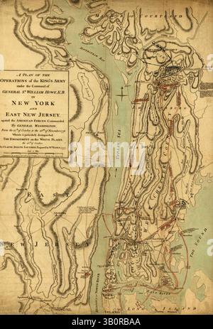 Octobre 28, 1776 - New Jersey, États-Unis - Un plan des opérations de l'armée du roi sous le commandement du général William Howe, K.B. à New York et dans l'est du New Jersey contre les forces américaines commandées par le général Washington à partir du 12e. Du mois d'octobre au 28. De novembre 1776, où se distingue particulièrement l'engagement sur les plaines blanches, le 28. D'octobre. (Crédit image : © BuyEnlarge/ZUMAPRESS.com) Banque D'Images